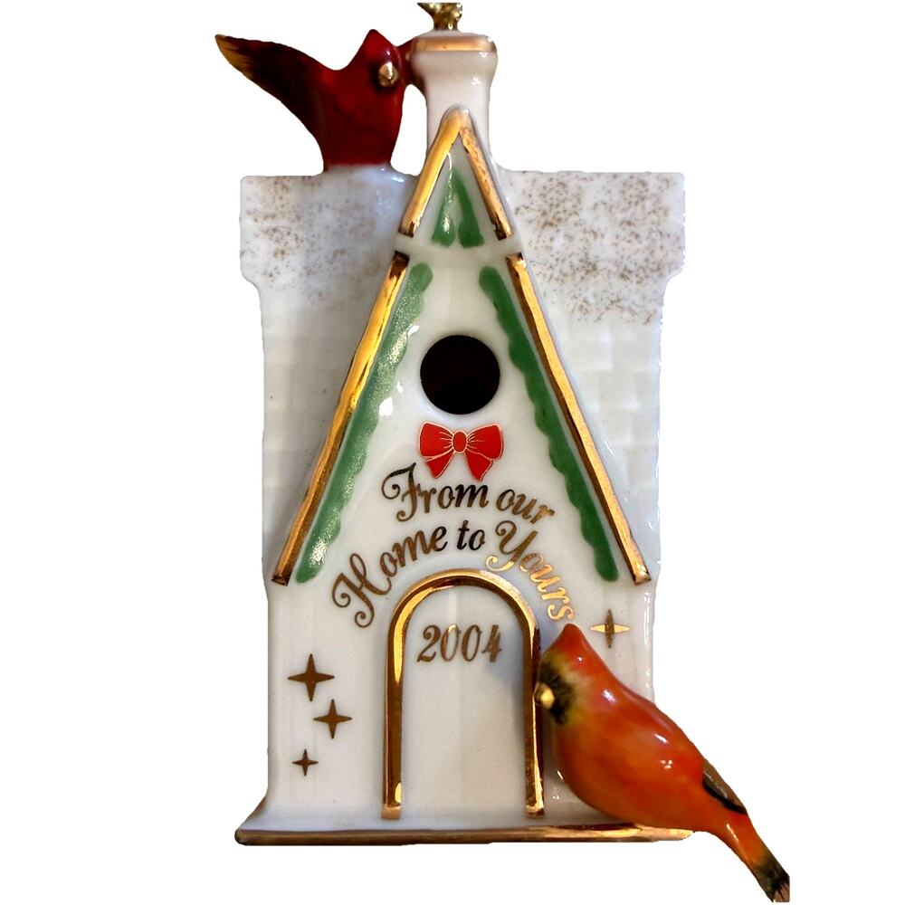 VTG Lenox Birdhouse Christmas Ornament 2004 Porcelain Cardinals Birds Gold Trim